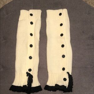 White Knit Leg or Arm Warmers with Black Buttons and Crochet Fringe